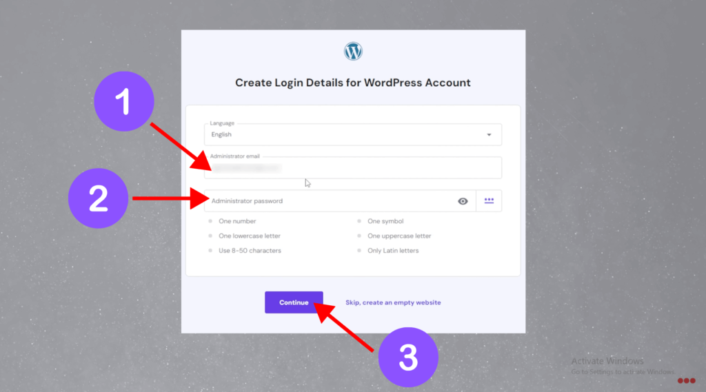 Enter WordPress login details in hostinger